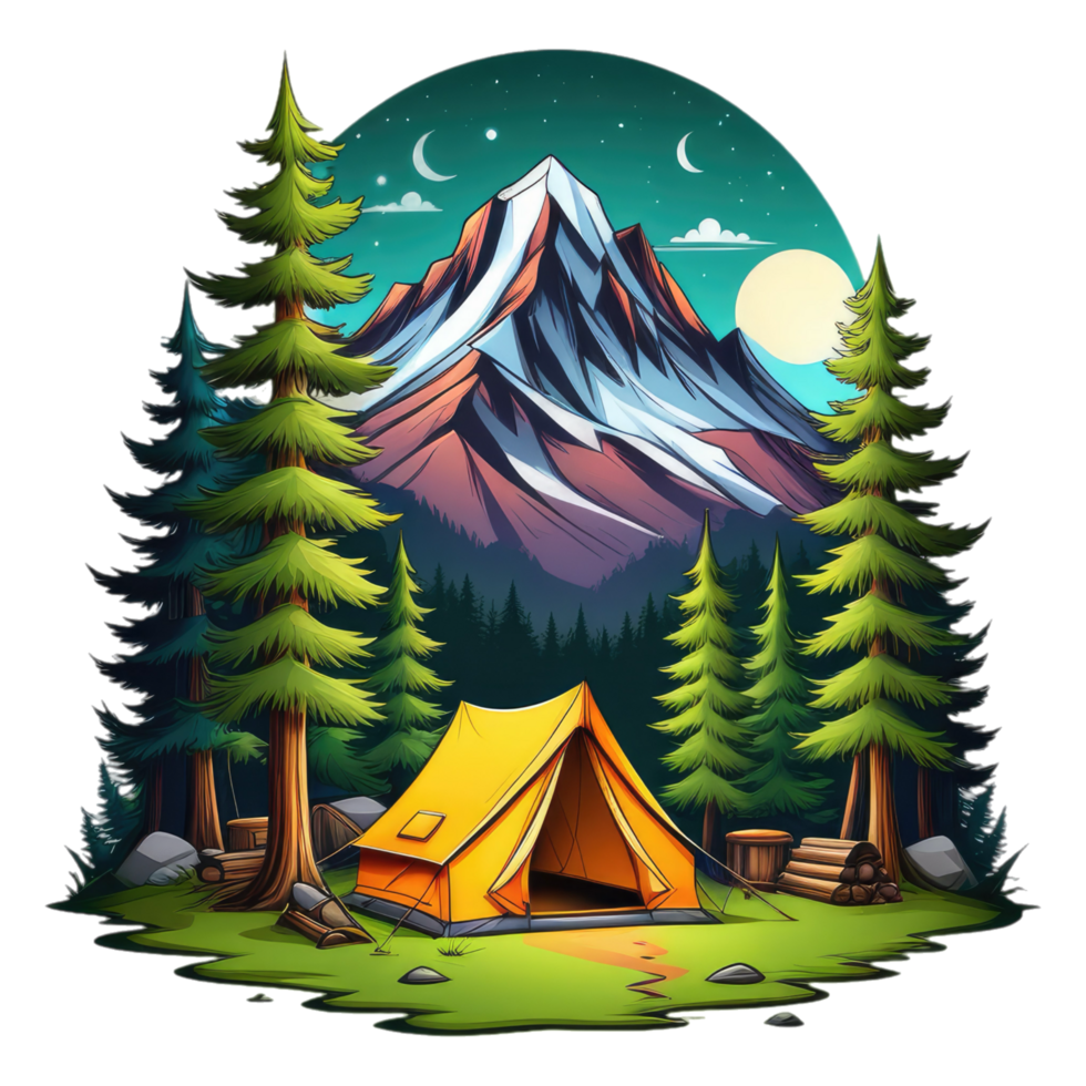 camping tent in the mountains with trees and rocks png