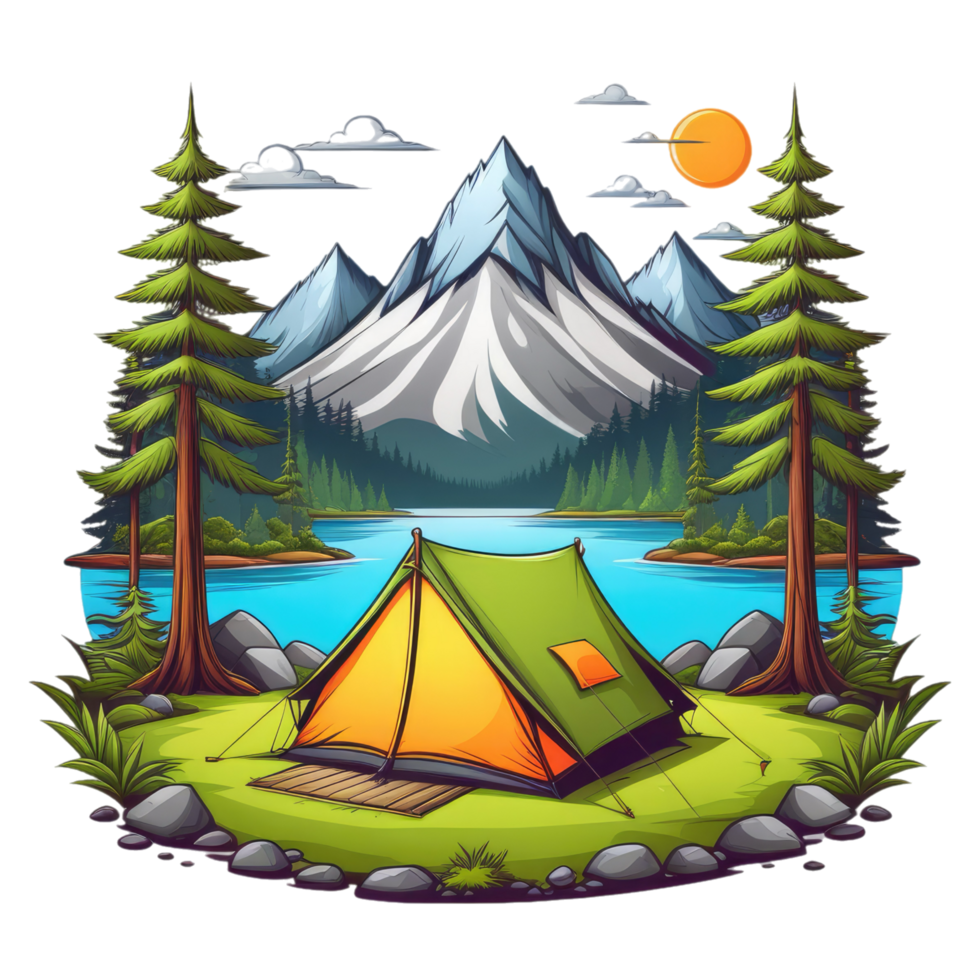 acampamento barraca dentro a montanhas com árvores e pedras png