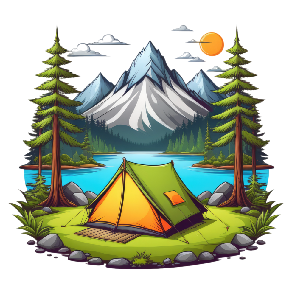 camping tent in the mountains with trees and rocks png