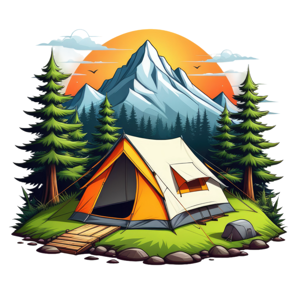 camping tent in the mountains with trees and rocks png