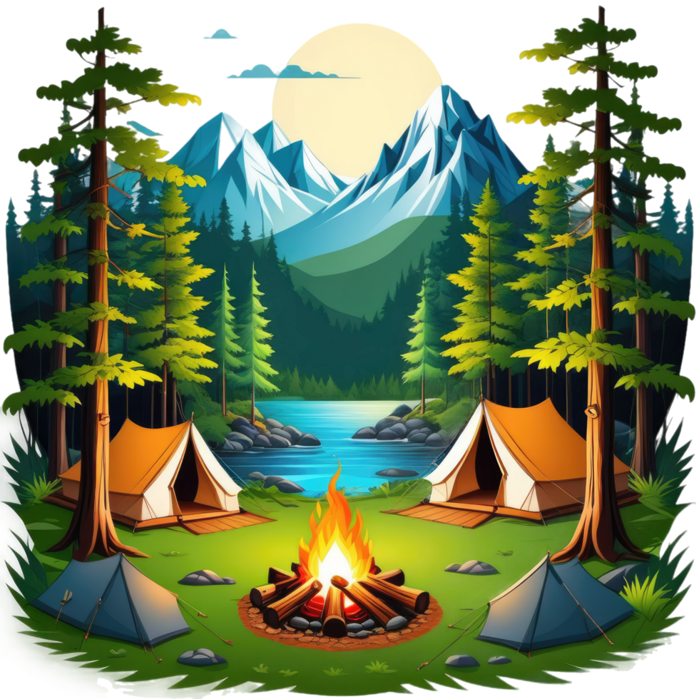 camping tent in the mountains with trees and rocks png