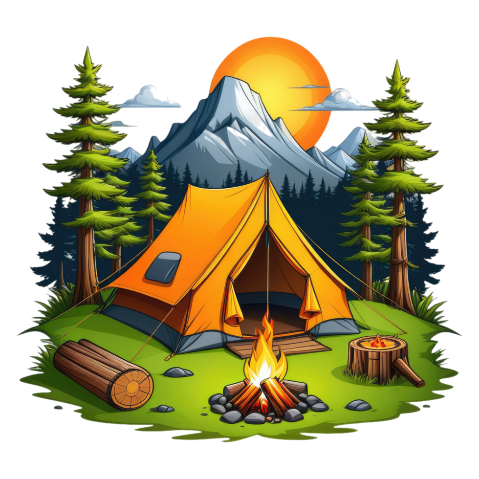 camping tente dans le montagnes avec des arbres et rochers png