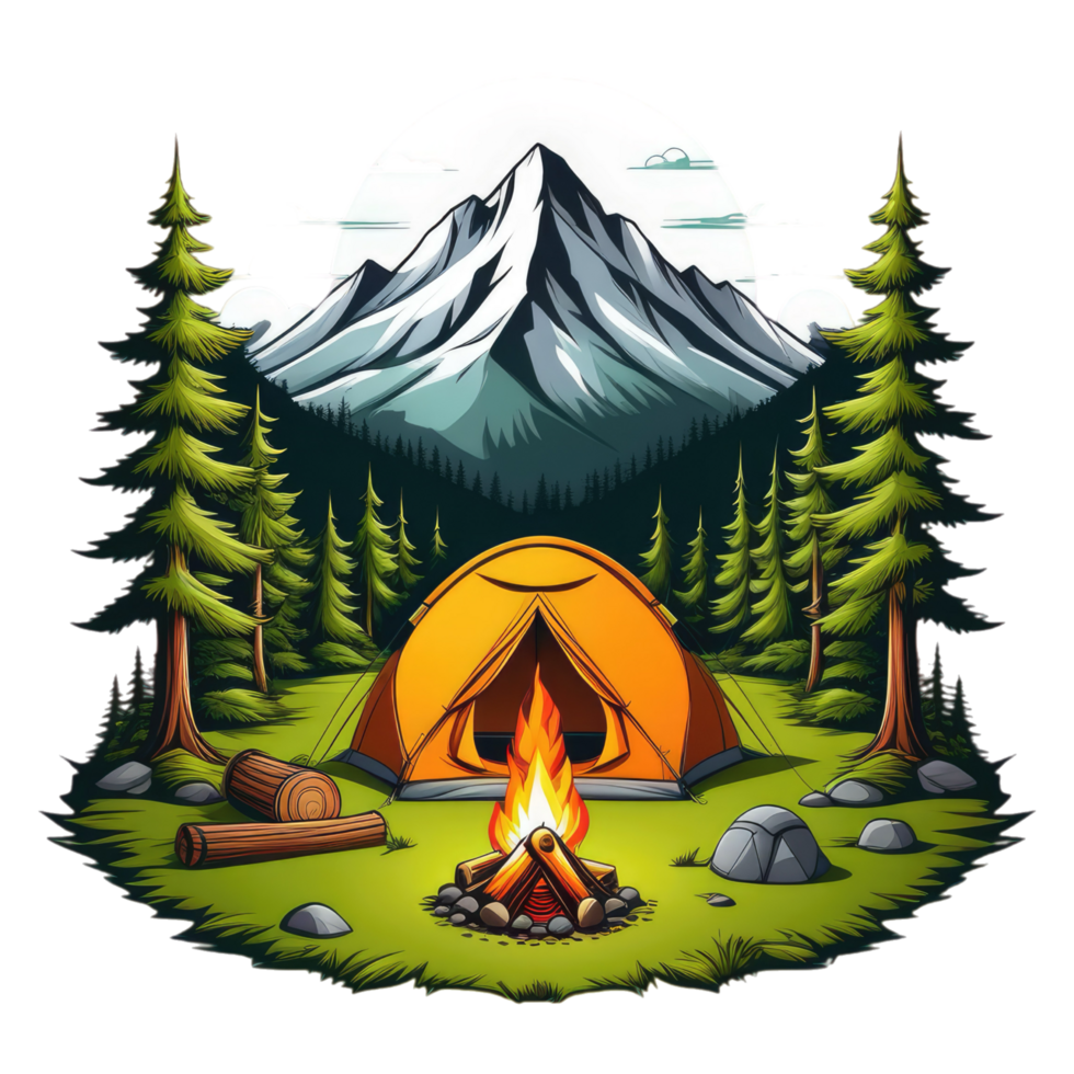 camping tent in the mountains with trees and rocks png