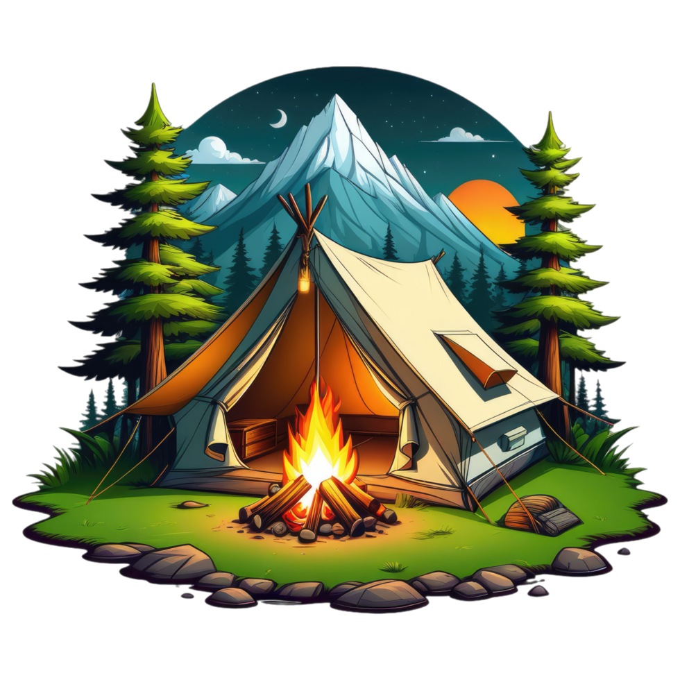 camping tent in the mountains with trees and rocks png