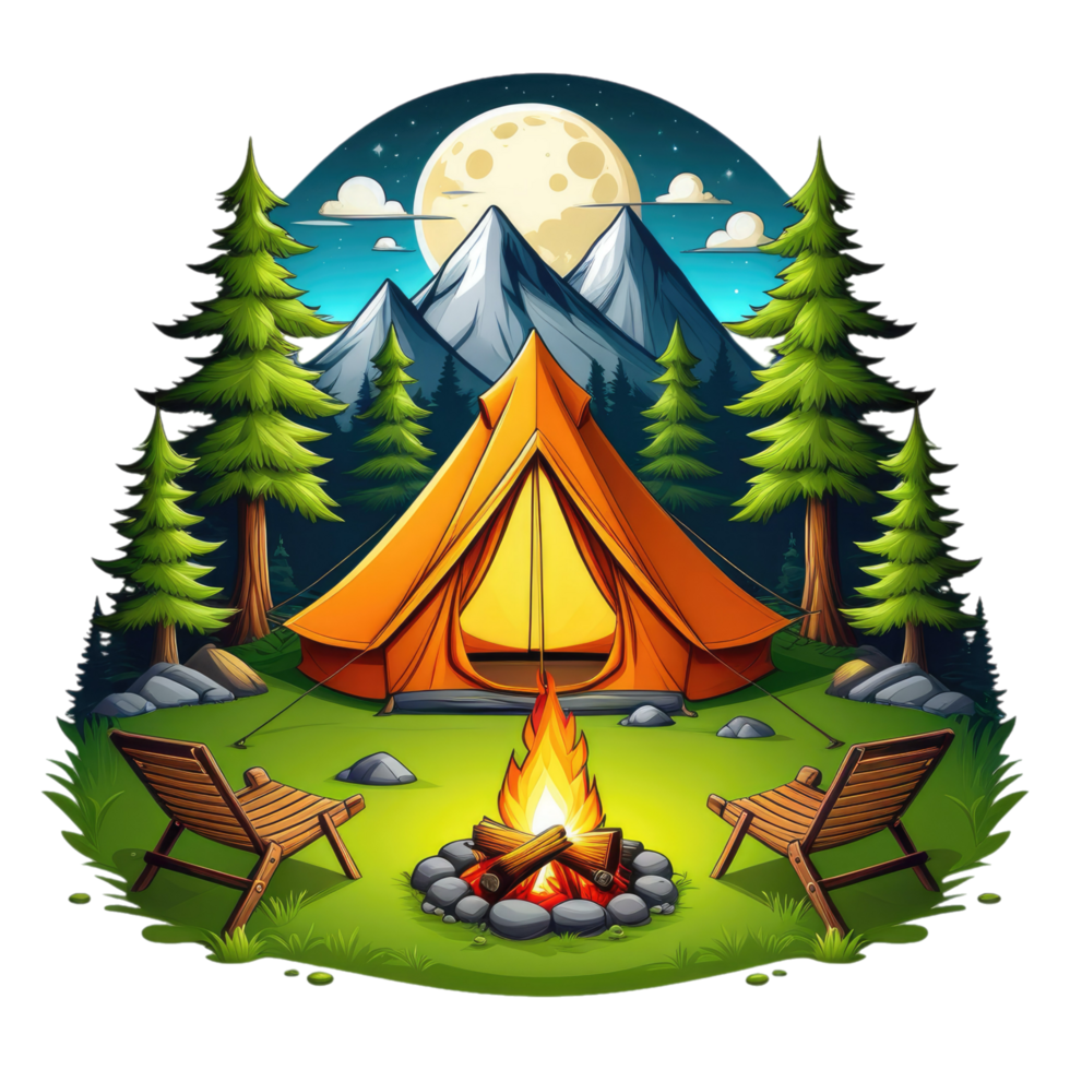 camping tente dans le montagnes avec des arbres et rochers png