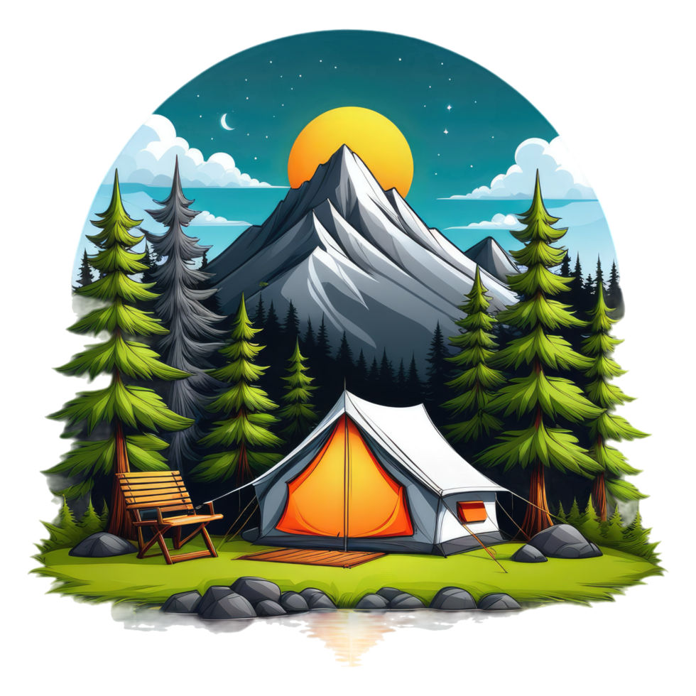 camping tent in the mountains with trees and rocks png