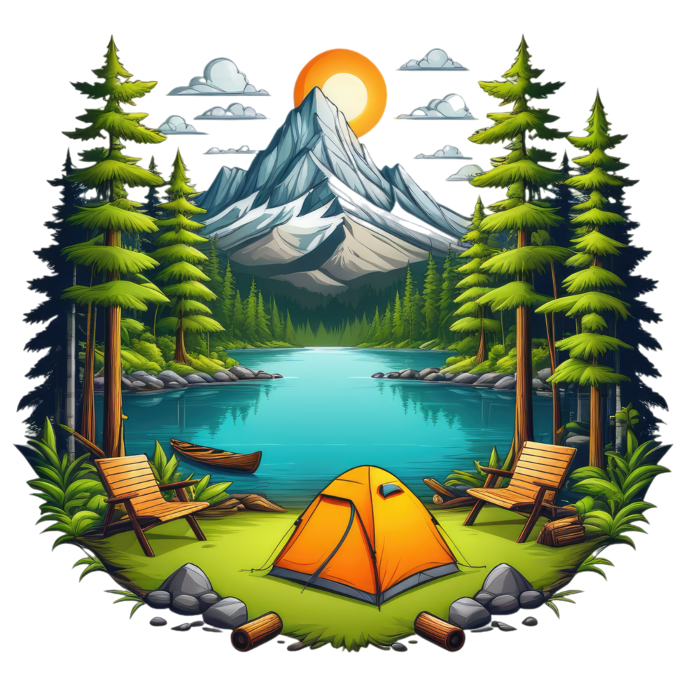 camping tent in the mountains with trees and rocks png