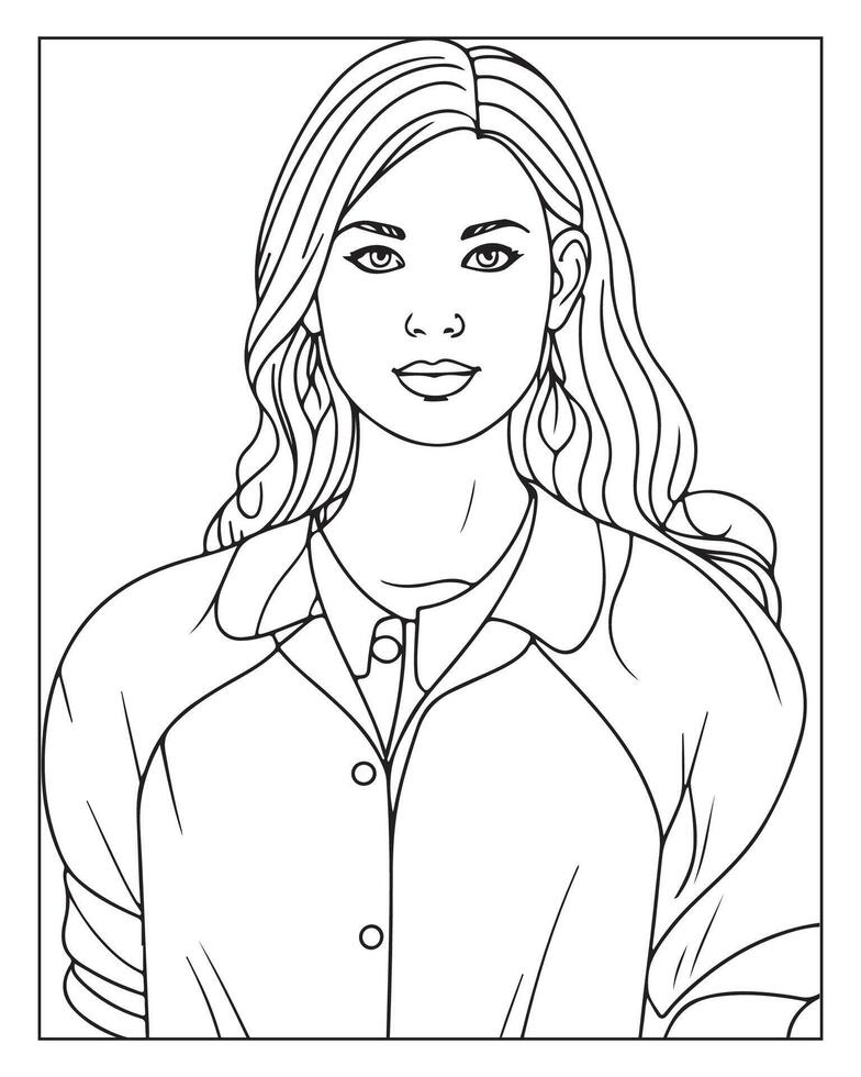 A cute women illustration, girls coloring pages, beautiful lady black and white , girls line art vector
