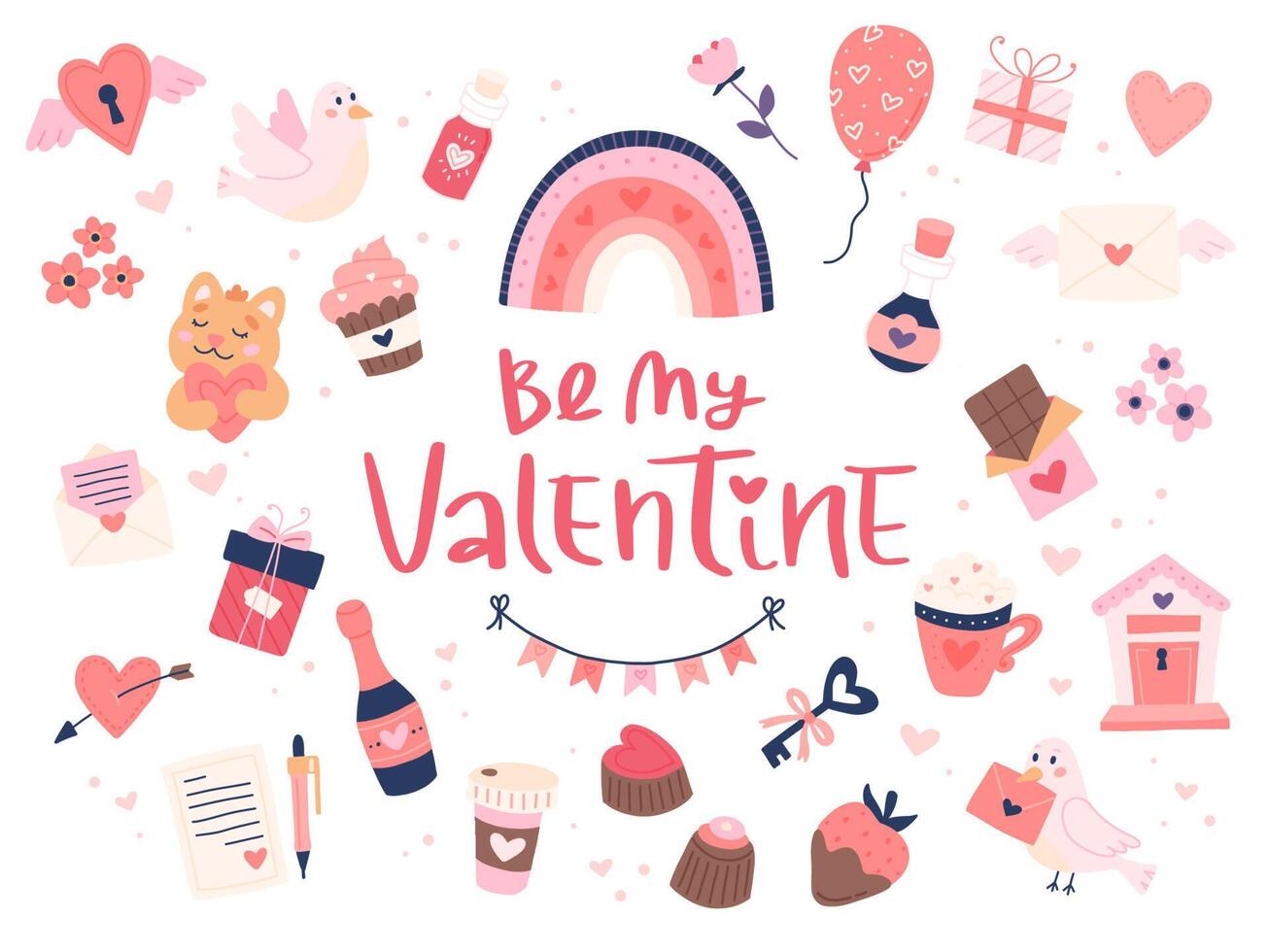 St. Valentine s Day collection of cute elements with lettering. Hearts and sweets. Isolated a white background. Hand drawn illustration vector