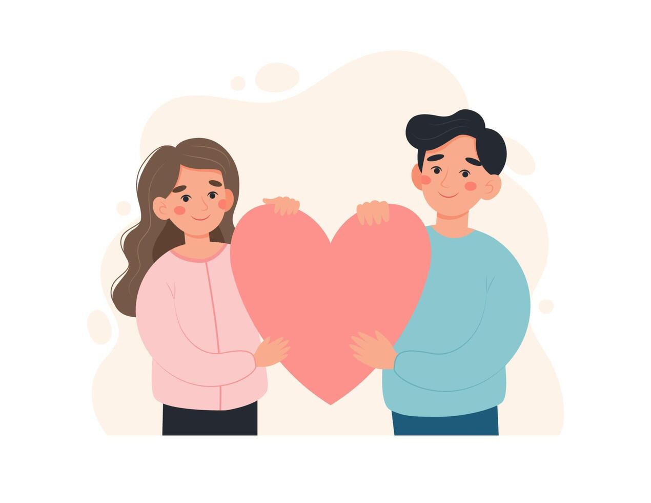 Happy couple concept. Man and woman holding a huge heart. Cute illustration in flat cartoon style vector