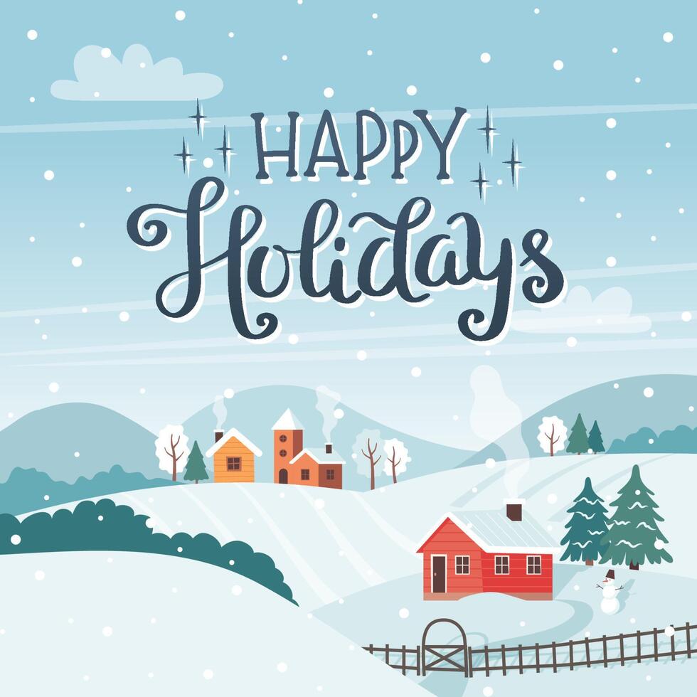 Happy holidays card - Winter landscape with trees, fields, houses. illustration in flat style vector