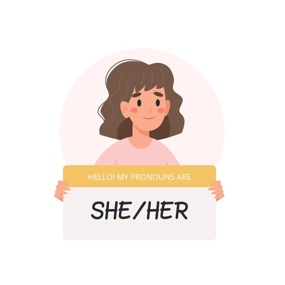 Gender pronouns - woman holding sign with pronoun, female character. illustration in flat style vector