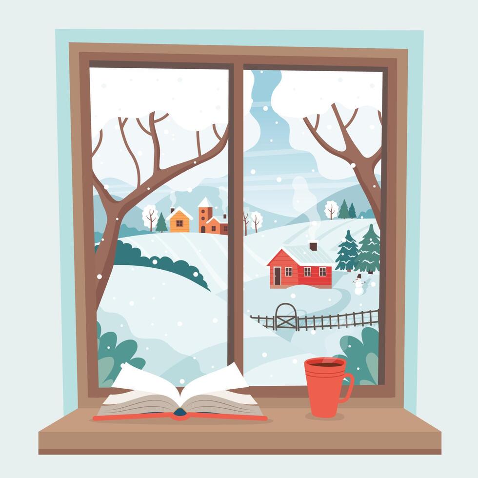 invierno ventana - libro y taza en el umbral con invierno paisaje. linda acogedor ilustración en plano estilo vector