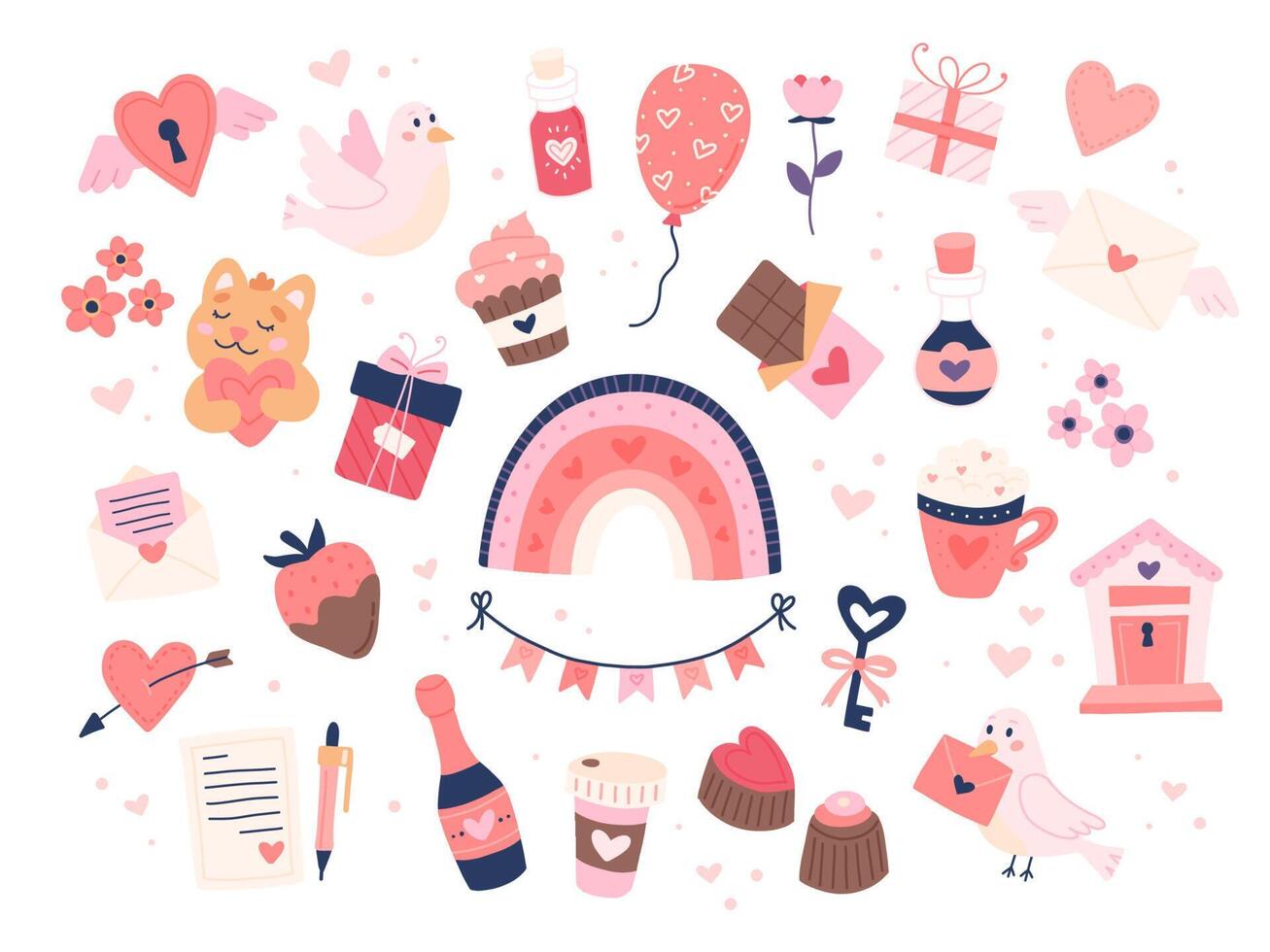 St. Valentine s Day collection of cute elements. Hearts and sweets. Isolated a white background. Hand drawn illustration vector