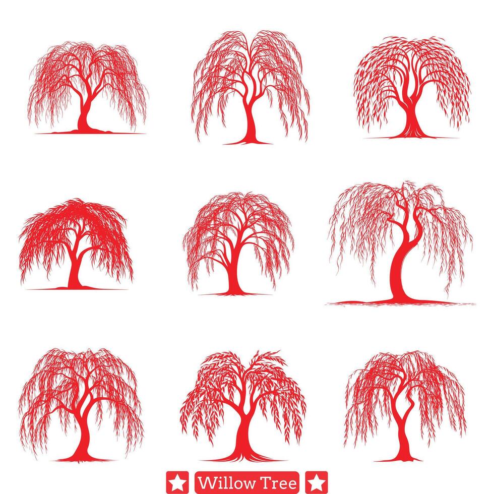 Silent Sentinels Willow Tree Silhouette Bundle Evoking Peace and Contemplation vector