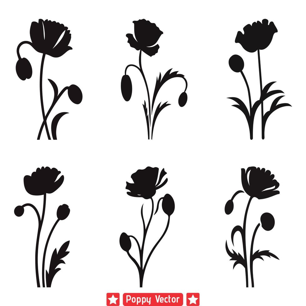 vibrante amapola silueta fronteras elegante floral decoración conjunto vector