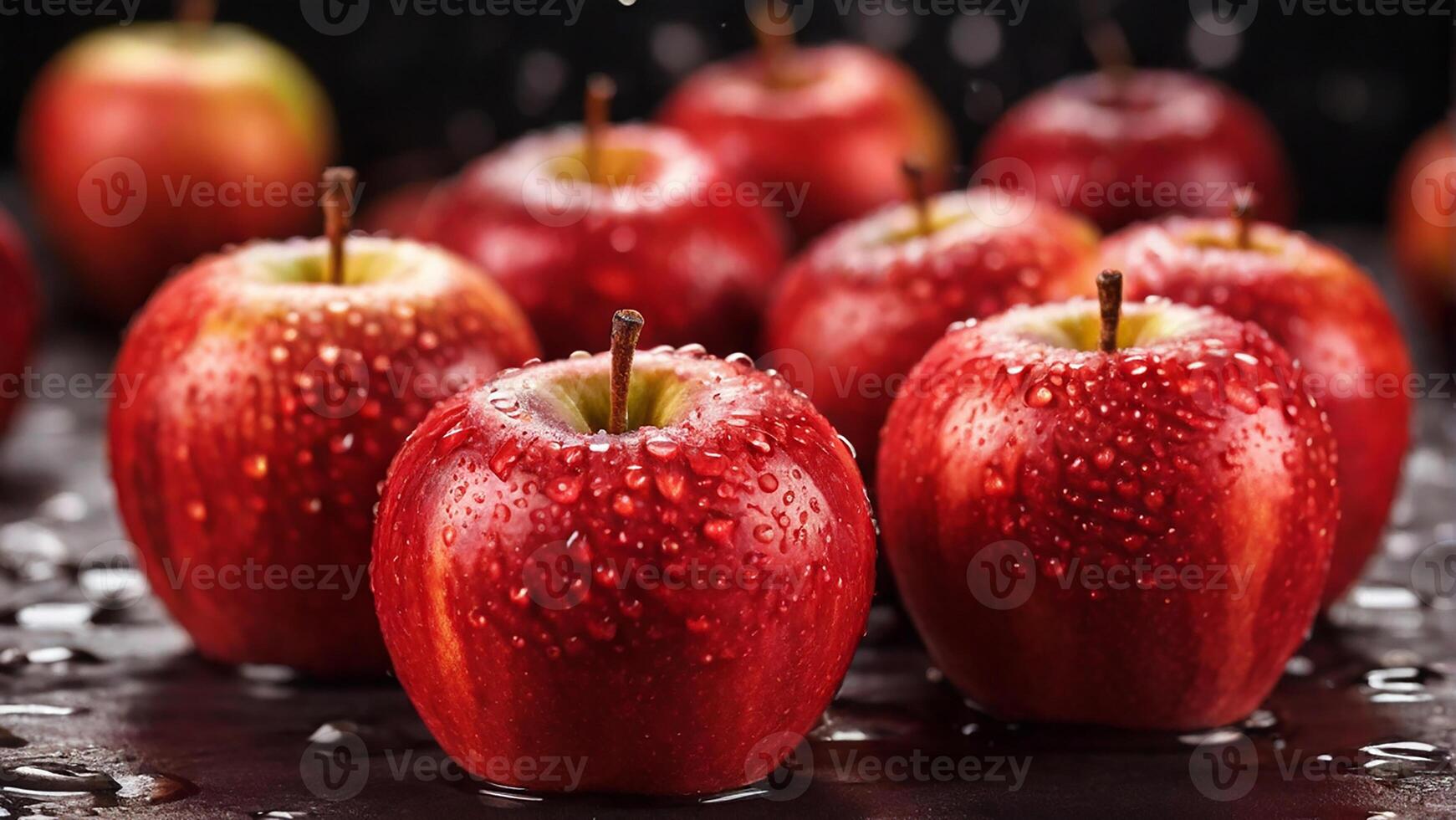 muchos maduro jugoso rojo manzanas cubierto con agua gotas foto