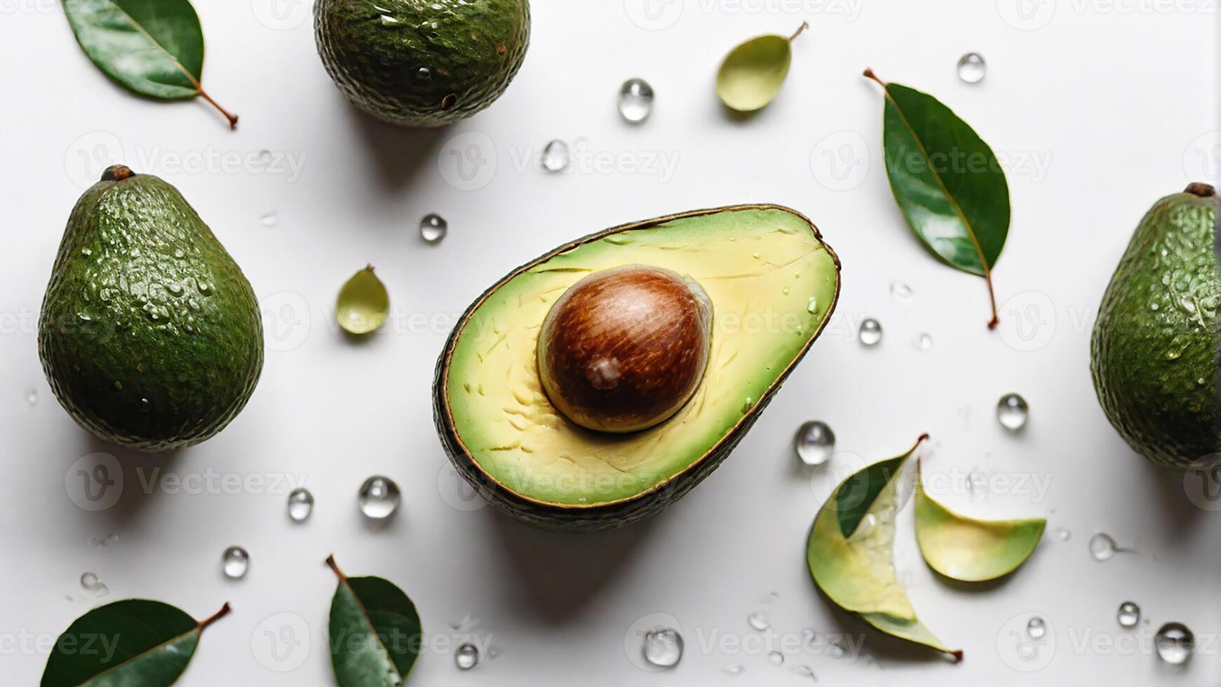 Fresco aguacate con gotas de agua en un blanco antecedentes foto