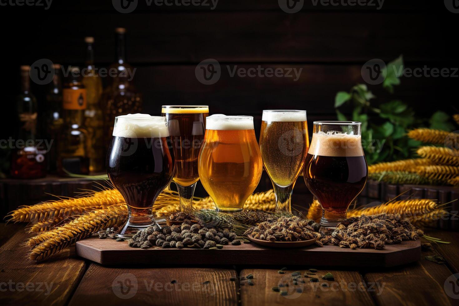 composición de cerveza lentes con dispersado lúpulo y malta en un de madera mesa. generado por artificial inteligencia foto