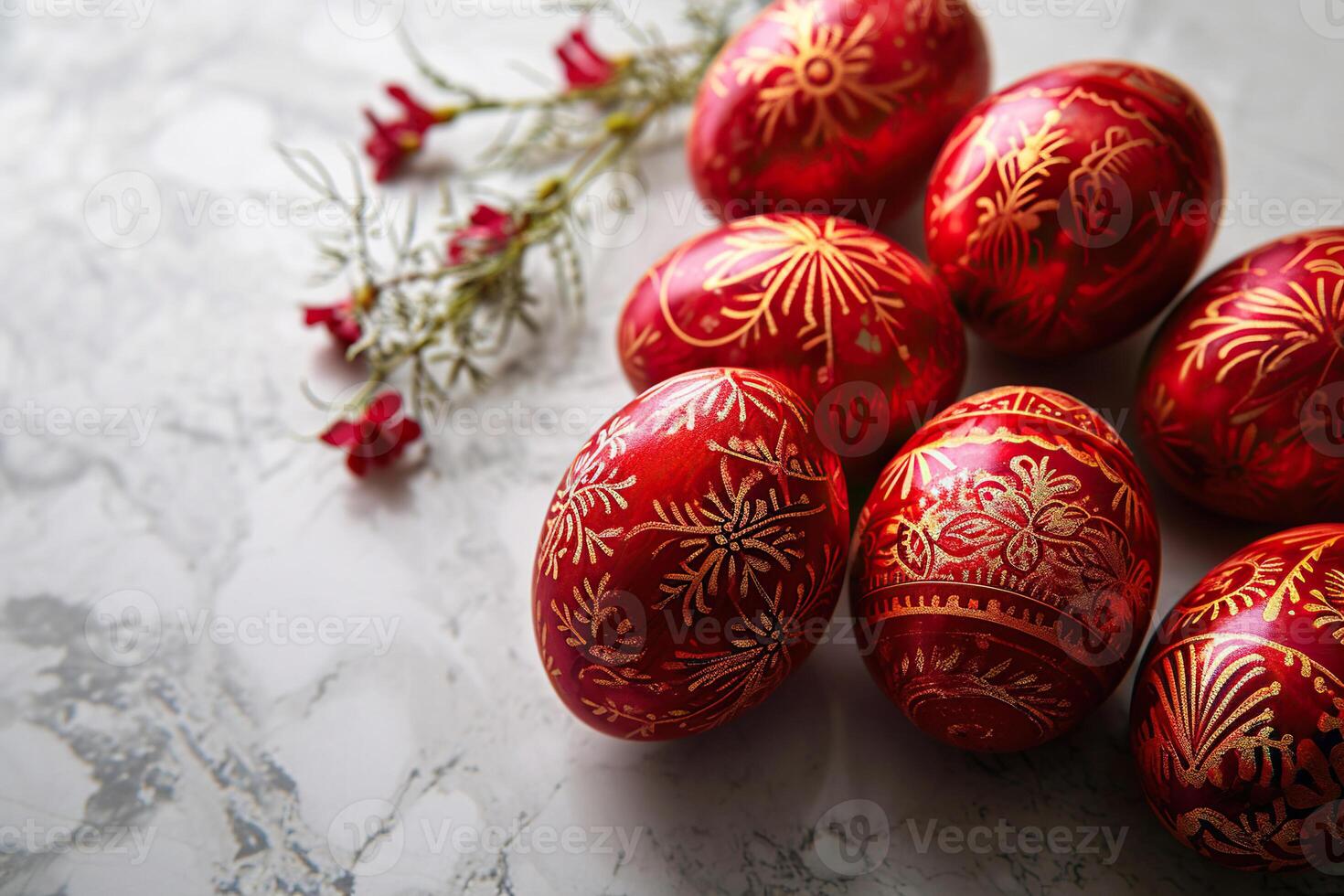 Red and white Easter eggs on a marble surface. Side view, Easter background. photo