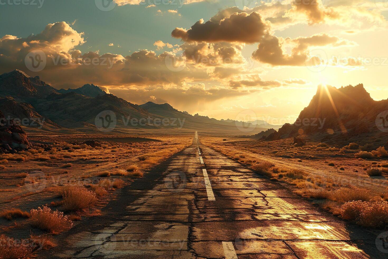 An old asphalt road in the middle of the desert in the light of the sun. Generated by artificial intelligence photo