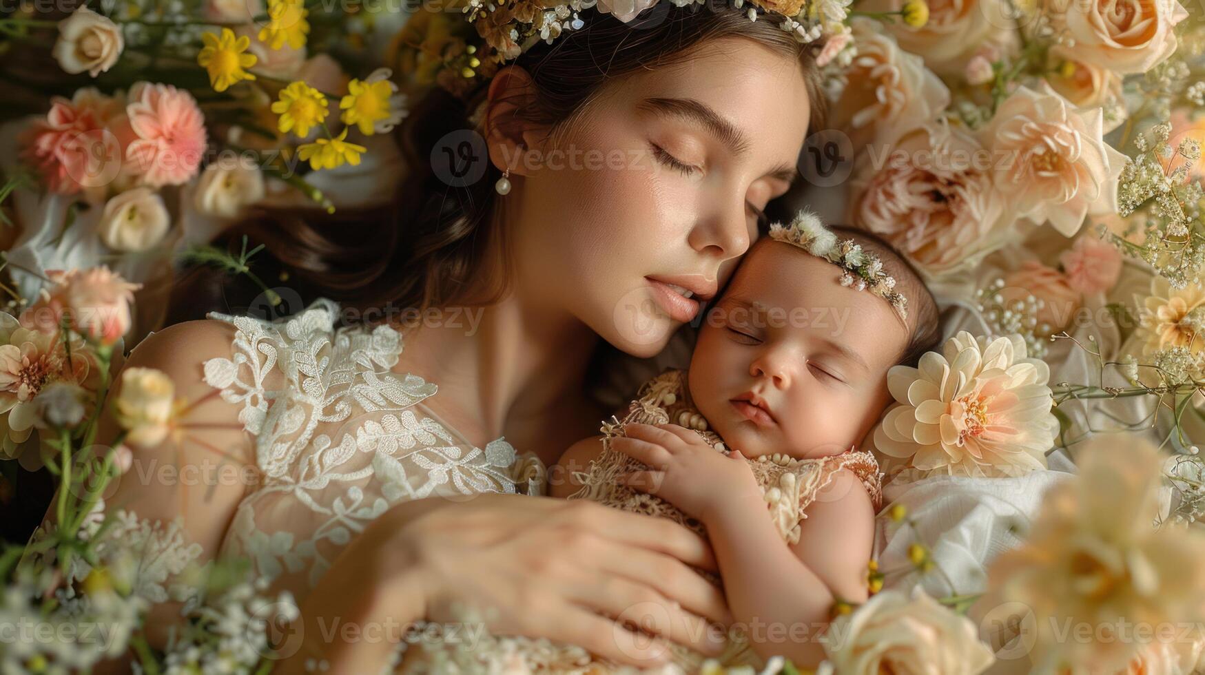 A woman is holding a baby in a flower bed photo