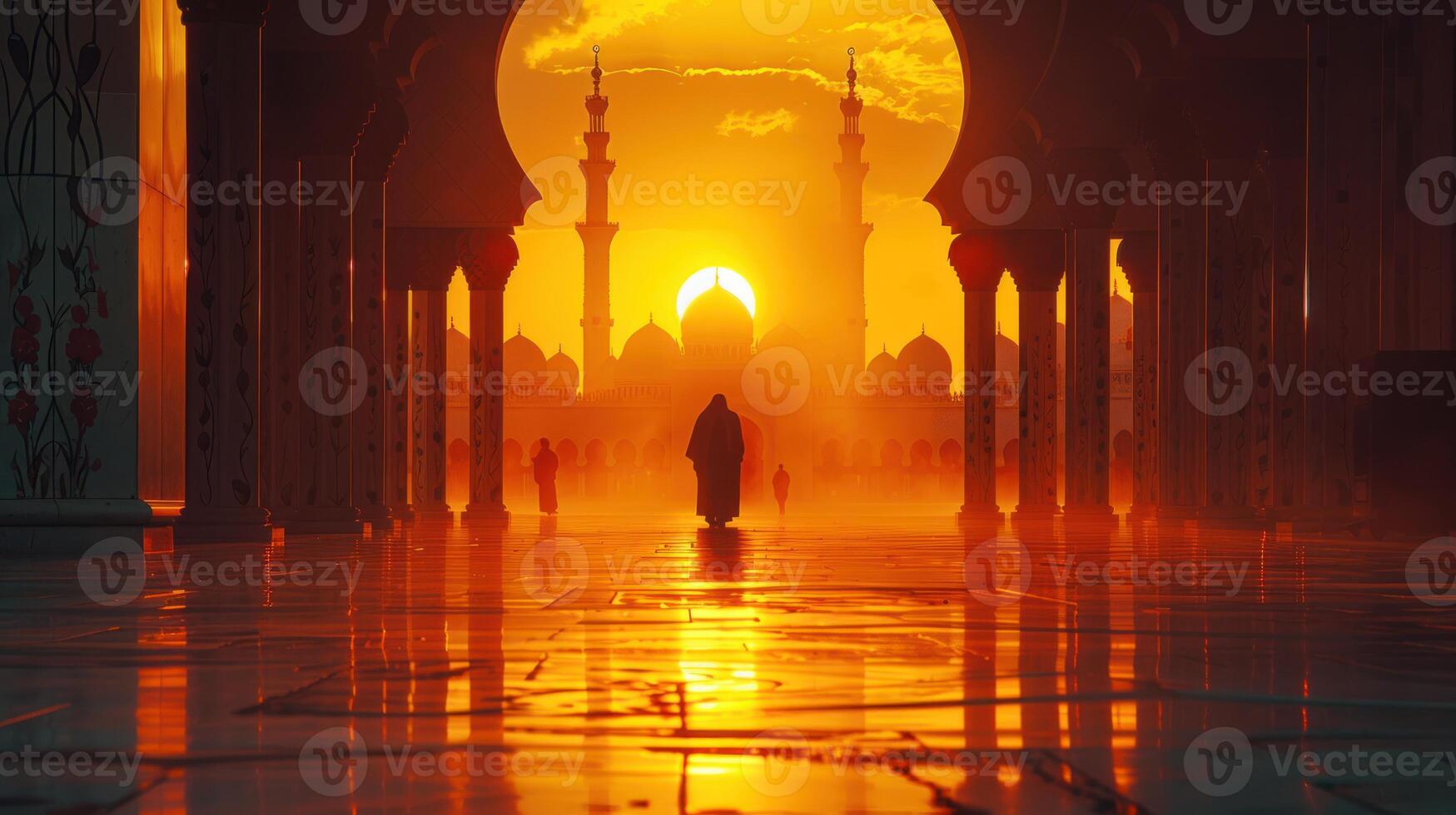 Islamic Mosque at sunset lights with people walking arround photo