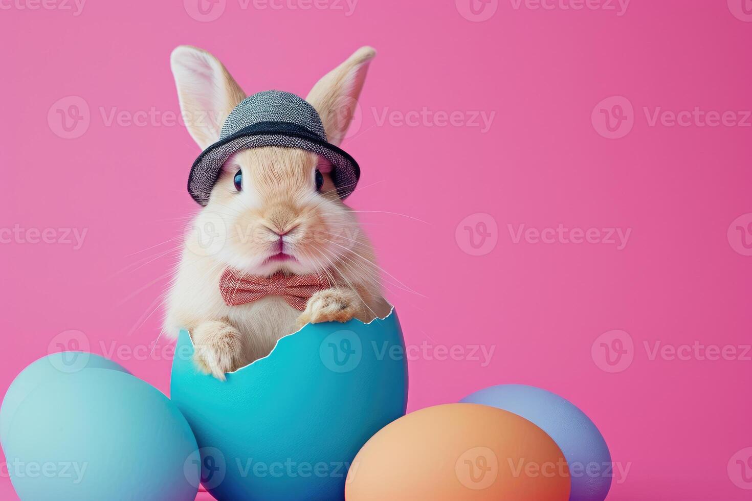 A rabbit wearing a hat and bow tie emerges from the egg with beautiful colorful shells on a flat color background. photo