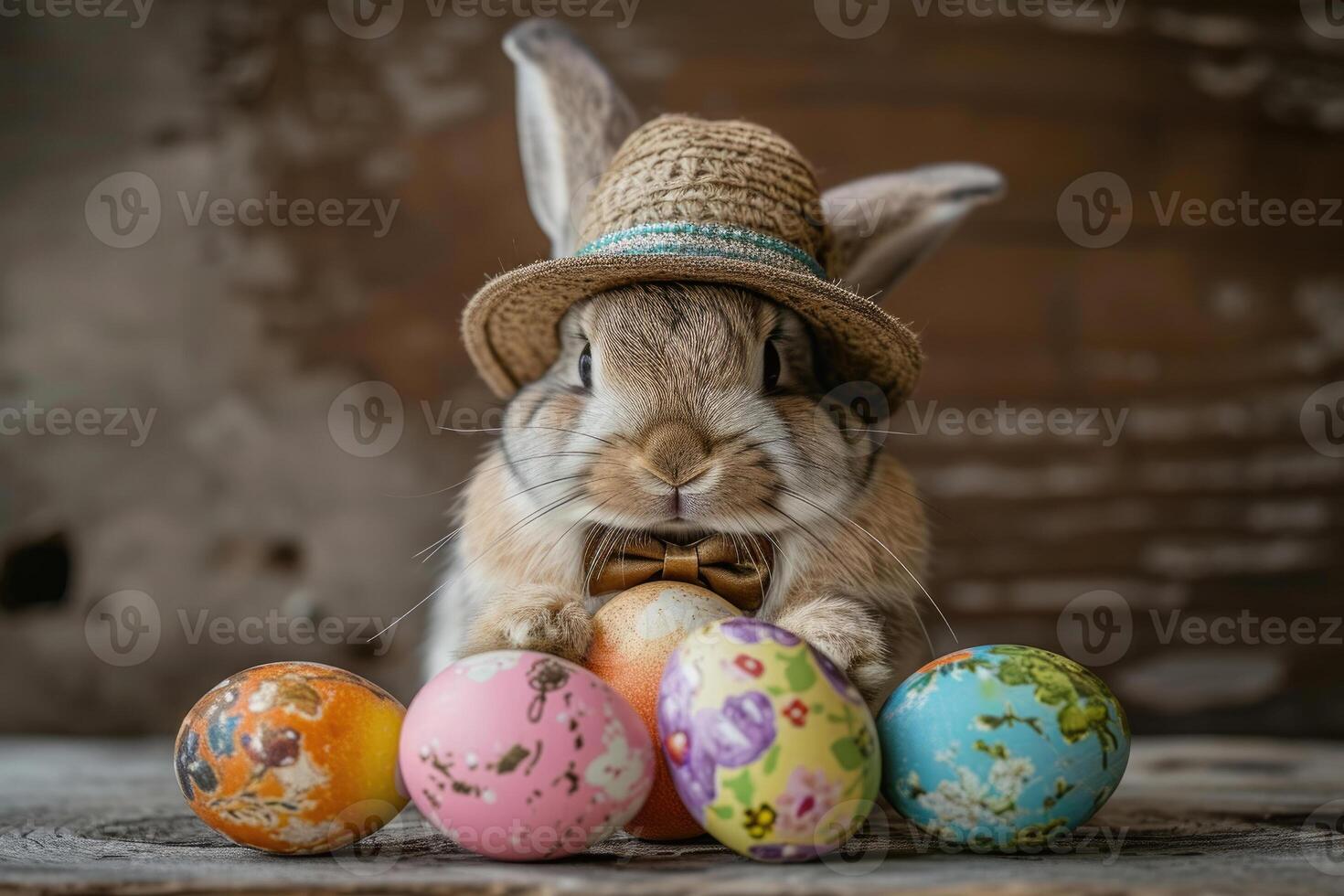 A rabbit wearing a hat and bow tie emerges from the egg with beautiful colorful shells on a flat color background. photo