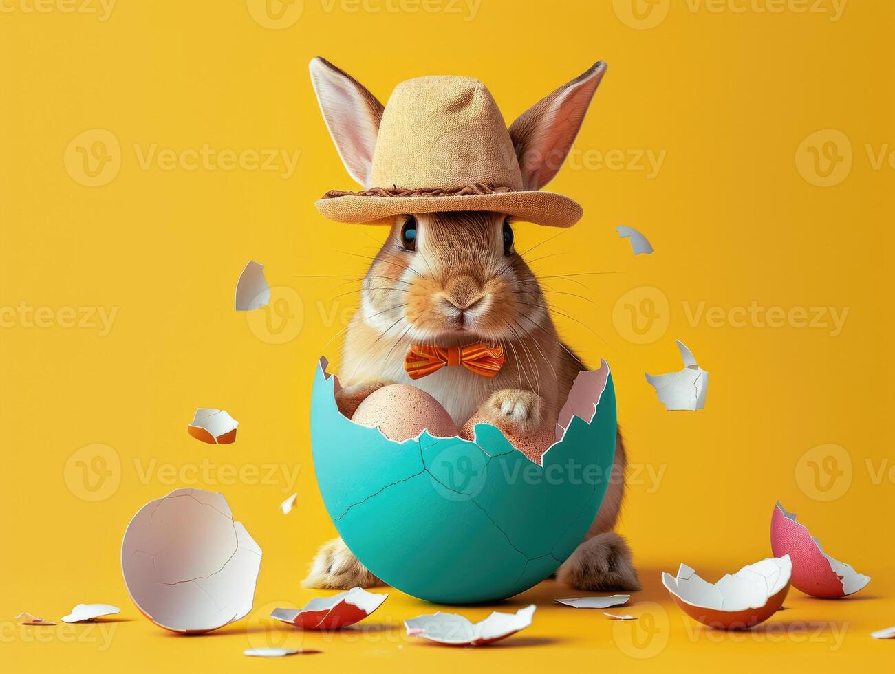 A rabbit wearing a hat and bow tie emerges from the egg with beautiful colorful shells on a flat color background. photo