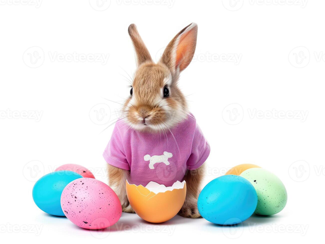 A rabbit wearing a cute shirt emerges from the big egg with beautiful colorful shells on a white background. photo