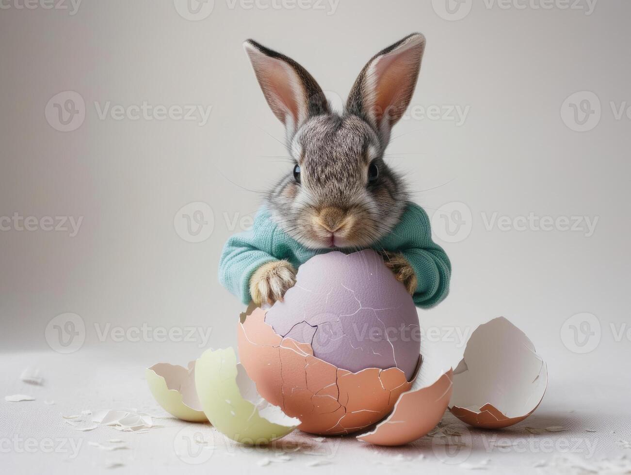 A rabbit wearing a cute shirt emerges from the big egg with beautiful colorful shells on a white background. photo