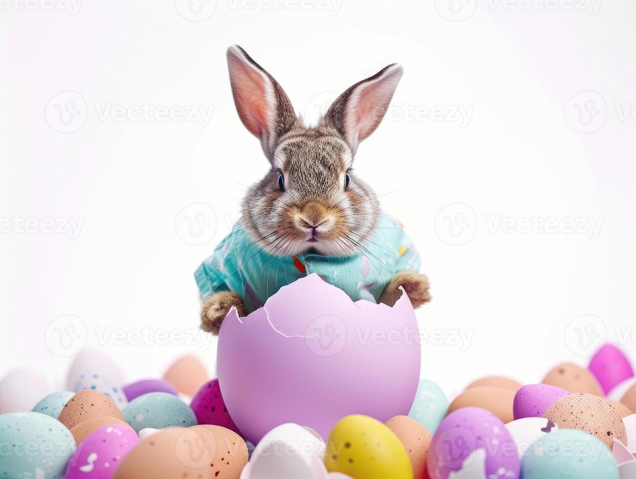 A rabbit wearing a cute shirt emerges from the big egg with beautiful colorful shells on a white background. photo