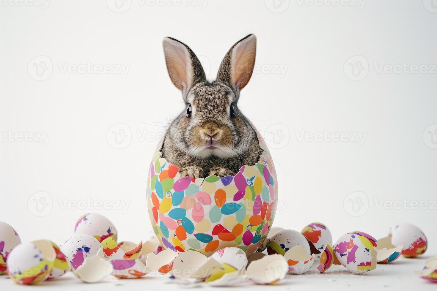 A rabbit wearing a cute shirt emerges from the big egg with beautiful colorful shells on a white background. photo