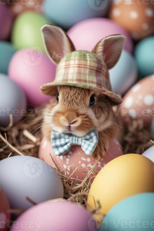 A rabbit wearing a hat and bow tie emerges from the egg with beautiful colorful shells on a flat color background. photo