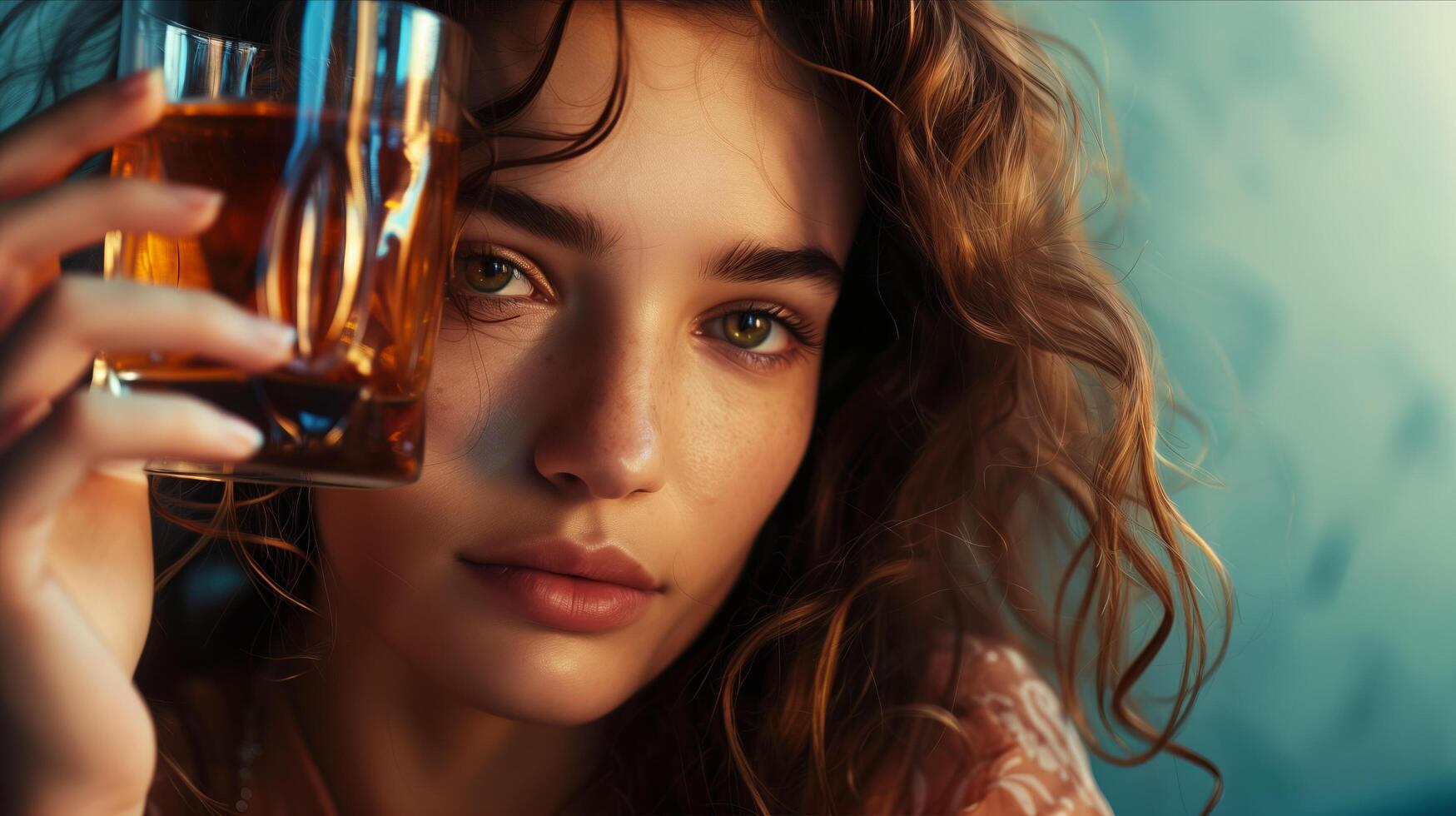 Caucasian woman holding a whiskey glass. photo