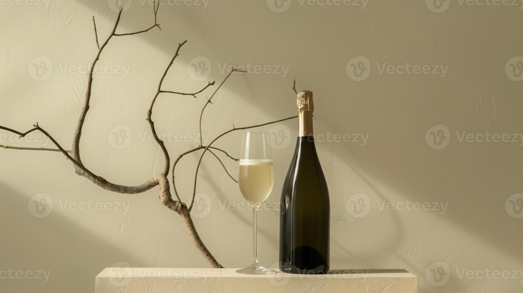 Product photography of a sparkling wine bottle and glass, with a minimalist setting featuring a single driftwood branch as a prop. Generated by artificial intelligence. photo