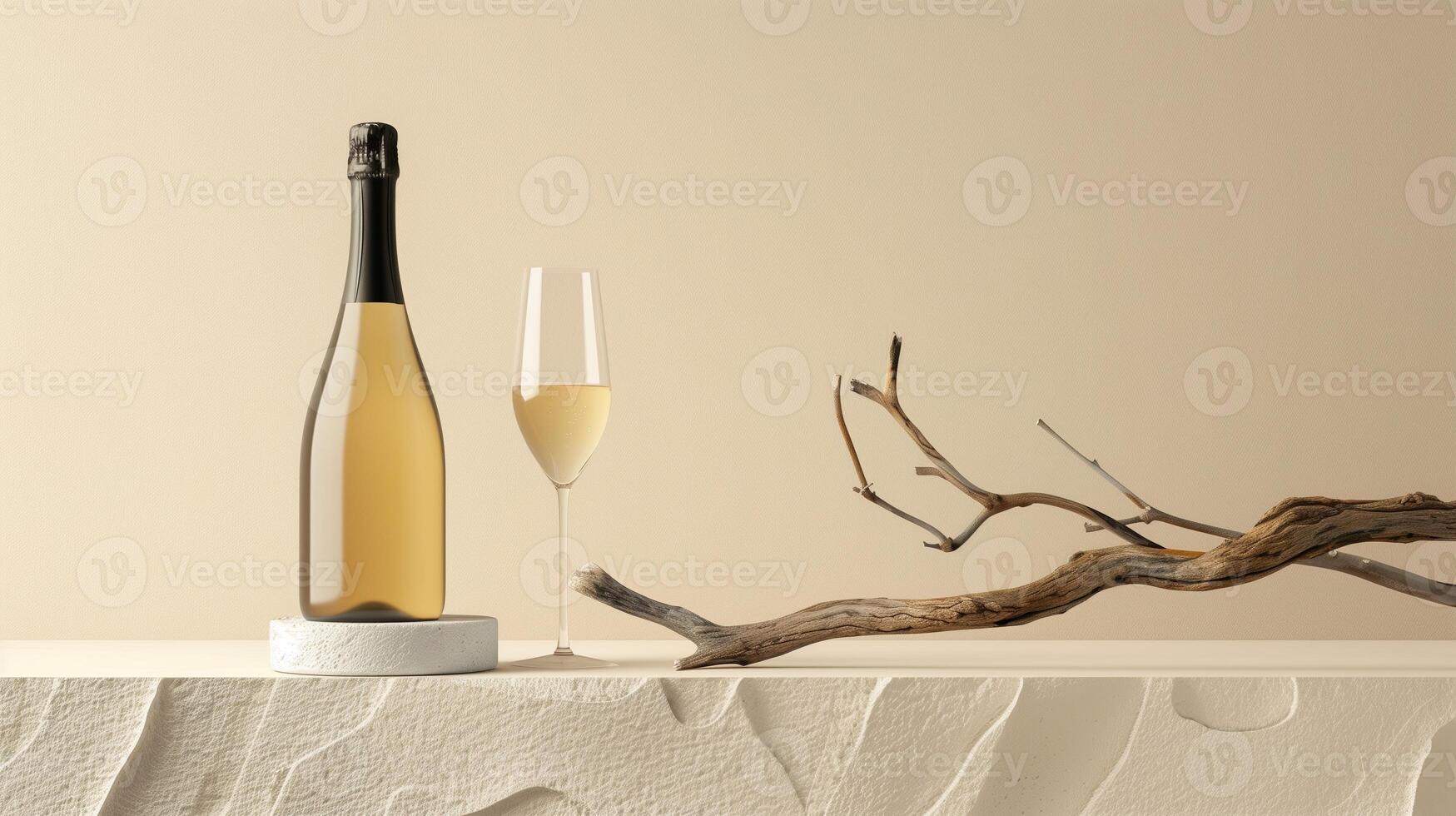 Product photography of a sparkling wine bottle and glass, with a minimalist setting featuring a single driftwood branch as a prop. Generated by artificial intelligence. photo