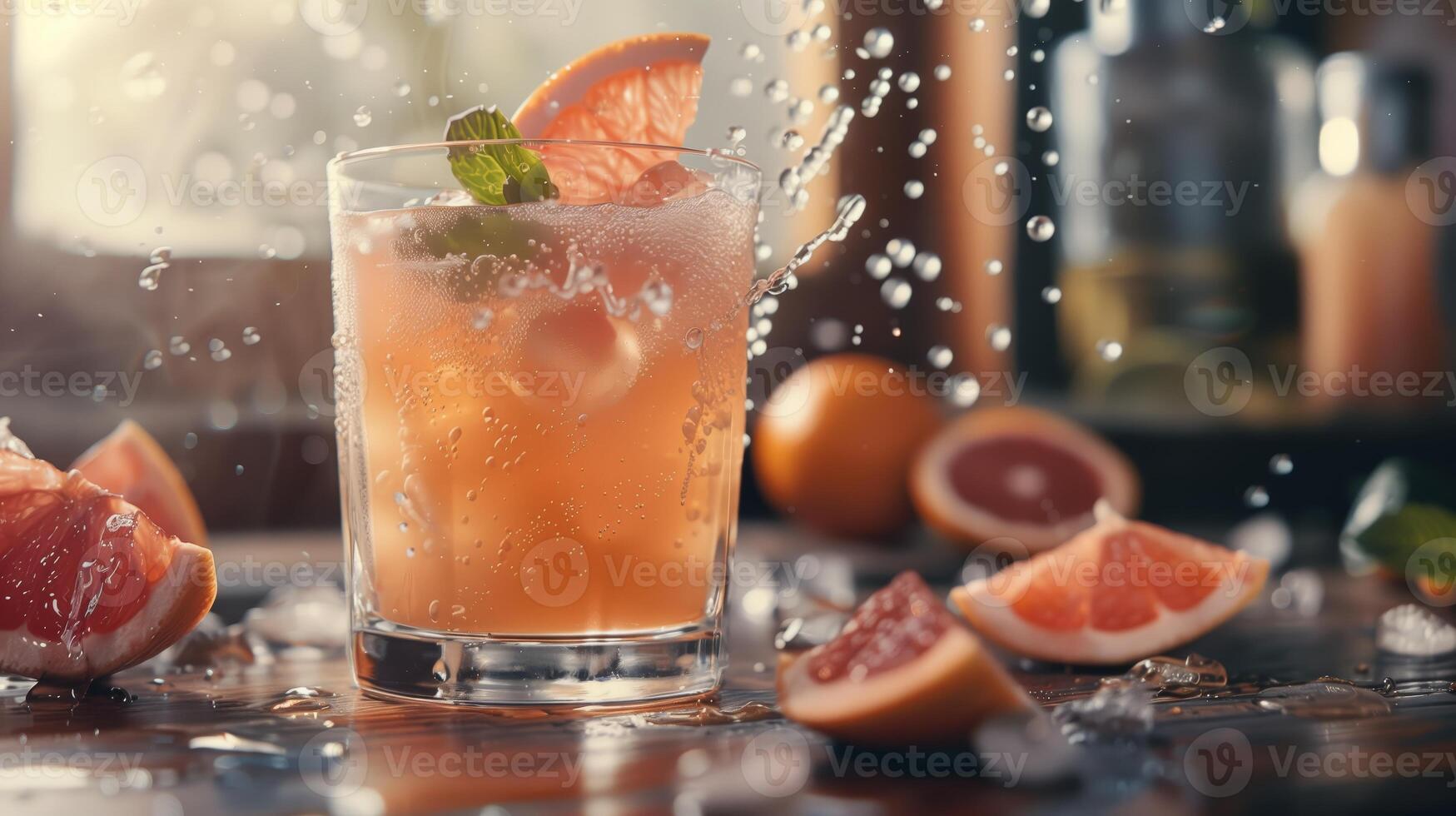 Vertical glass with pink grapefruit juise. Flying grapefruit, food photography, dark background. Generated by artificial intelligence. photo