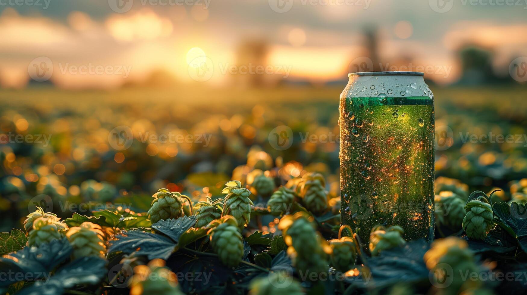 A green can of beer in a hop field, low angle view. Generated by artificial intelligence. photo