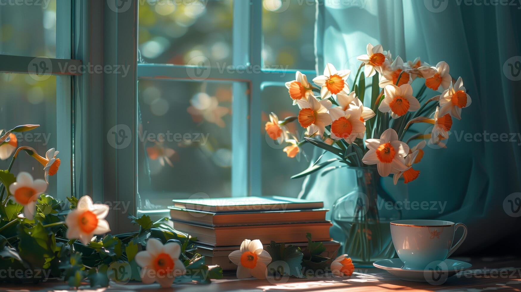 A table with books stacked on it, next to a vase with a large bouquet of a narcissus flowers, and a cup of hot tea. Generated by artificial intelligence. photo