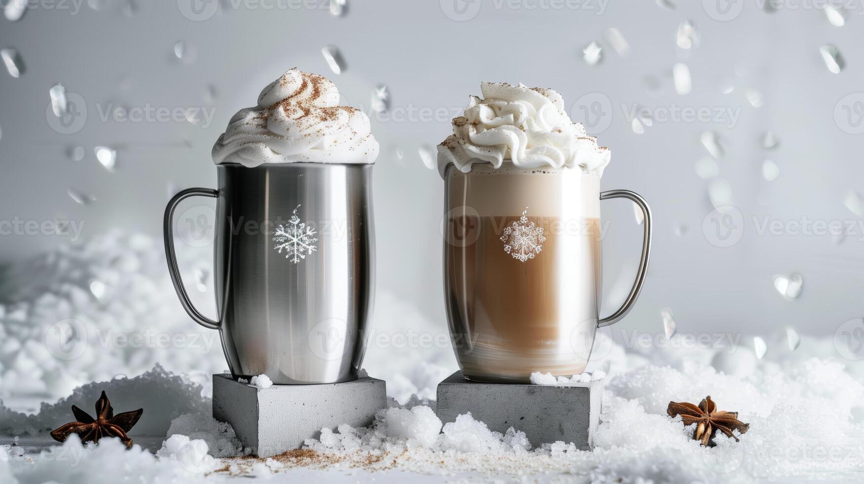 Two stainless steel coffee cups with latte and skinny hot chocolate, sitting on top of gray concrete plinth. Generated by artificial intelligence. photo