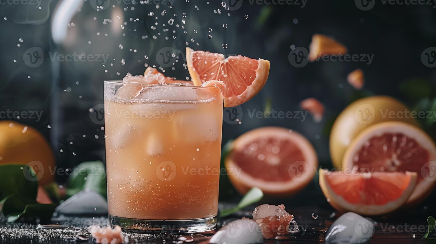 Vertical glass with pink grapefruit juise. Flying grapefruit, food photography, dark background. Generated by artificial intelligence. photo
