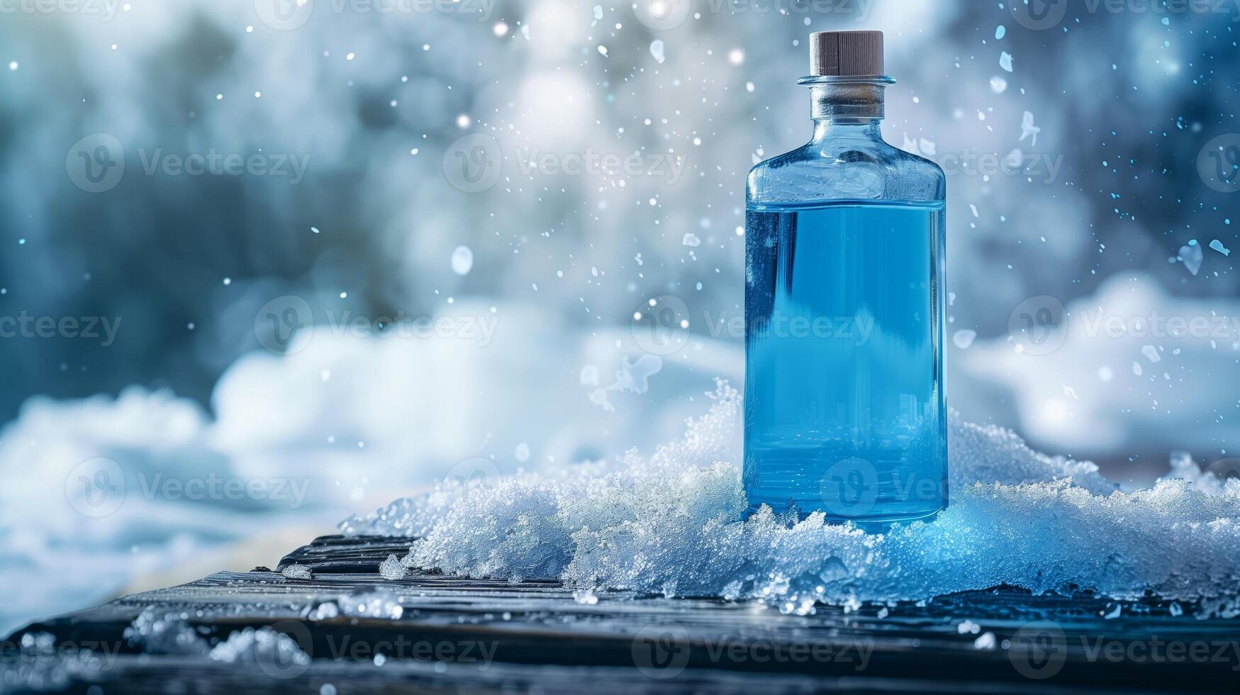 A blue gin bottle ona wooden surface in a snowy background. Generated by artificial intelligence. photo