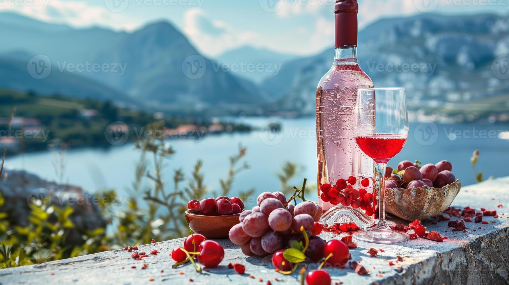 A bottle filled with red wine and the glass by side placed on a nice concrete, some chopped tropical fruits. Beautiful mountains in the scenery. Generated by artificial intelligence. photo