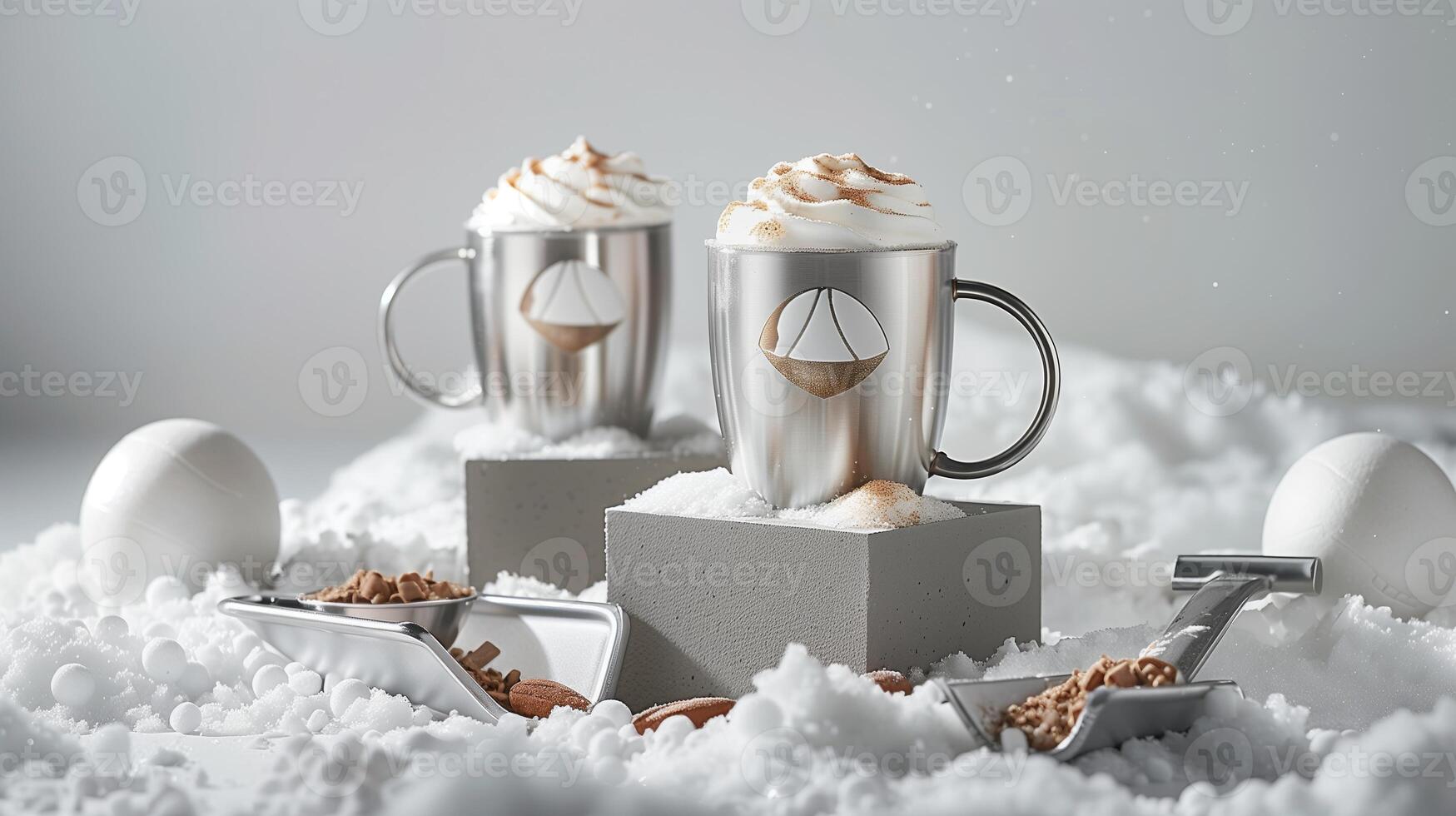 Two stainless steel coffee cups with latte and skinny hot chocolate, sitting on top of gray concrete plinth. Generated by artificial intelligence. photo