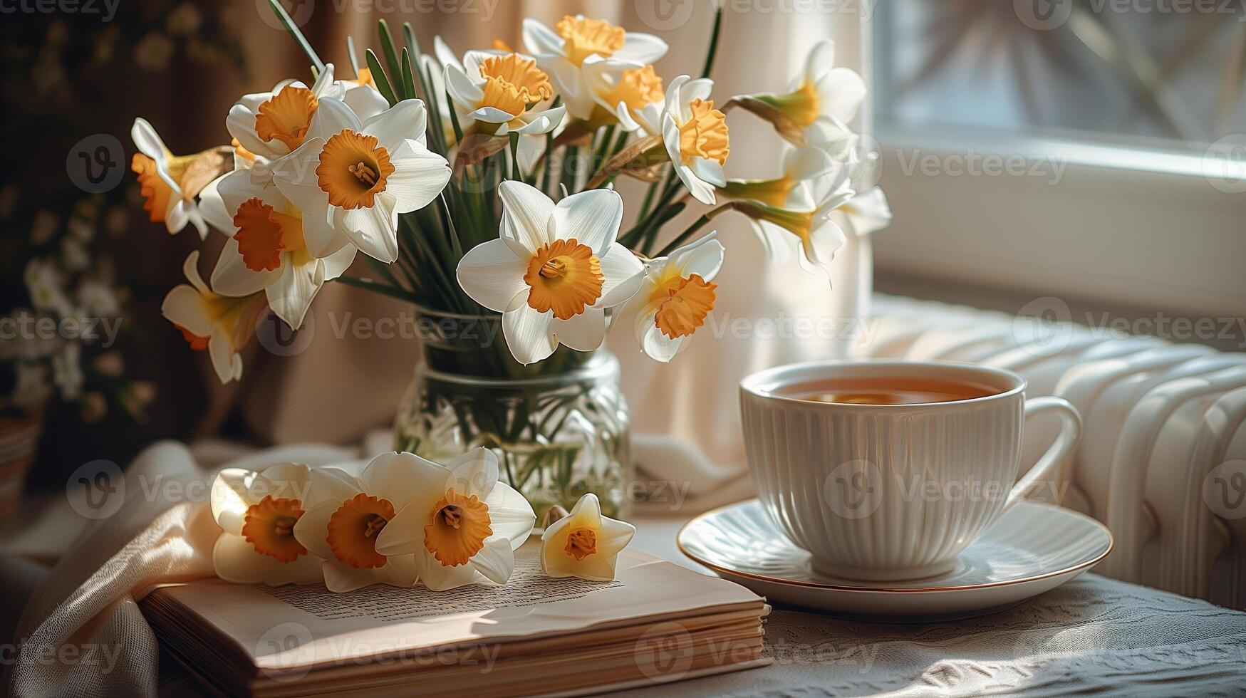 A table with books stacked on it, next to a vase with a large bouquet of a narcissus flowers, and a cup of hot tea. Generated by artificial intelligence. photo