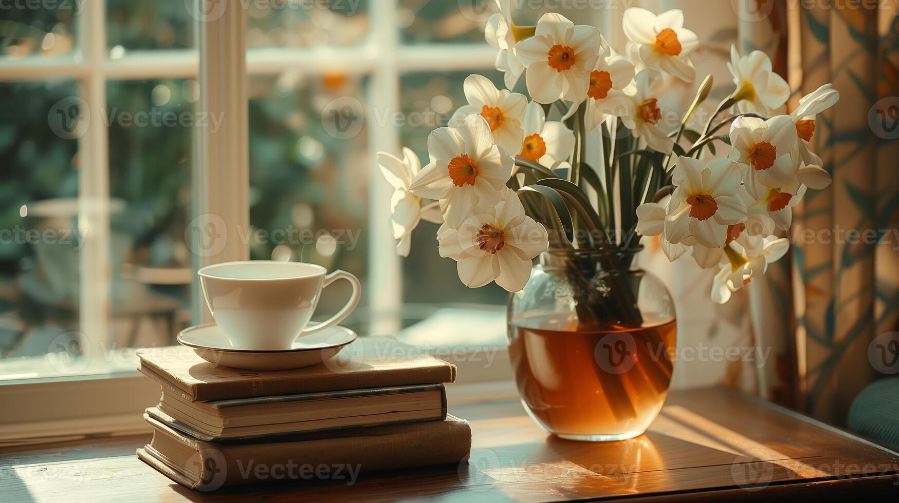 un mesa con libros apilado en él, siguiente a un florero con un grande ramo de flores de un narciso flores, y un taza de caliente té. generado por artificial inteligencia. foto