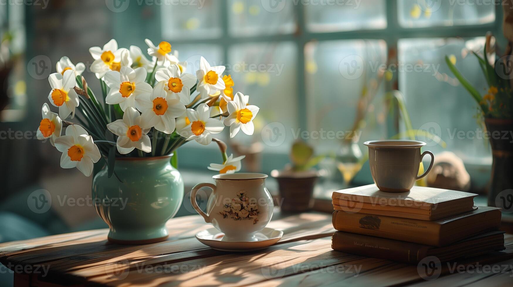 un mesa con libros apilado en él, siguiente a un florero con un grande ramo de flores de un narciso flores, y un taza de caliente té. generado por artificial inteligencia. foto