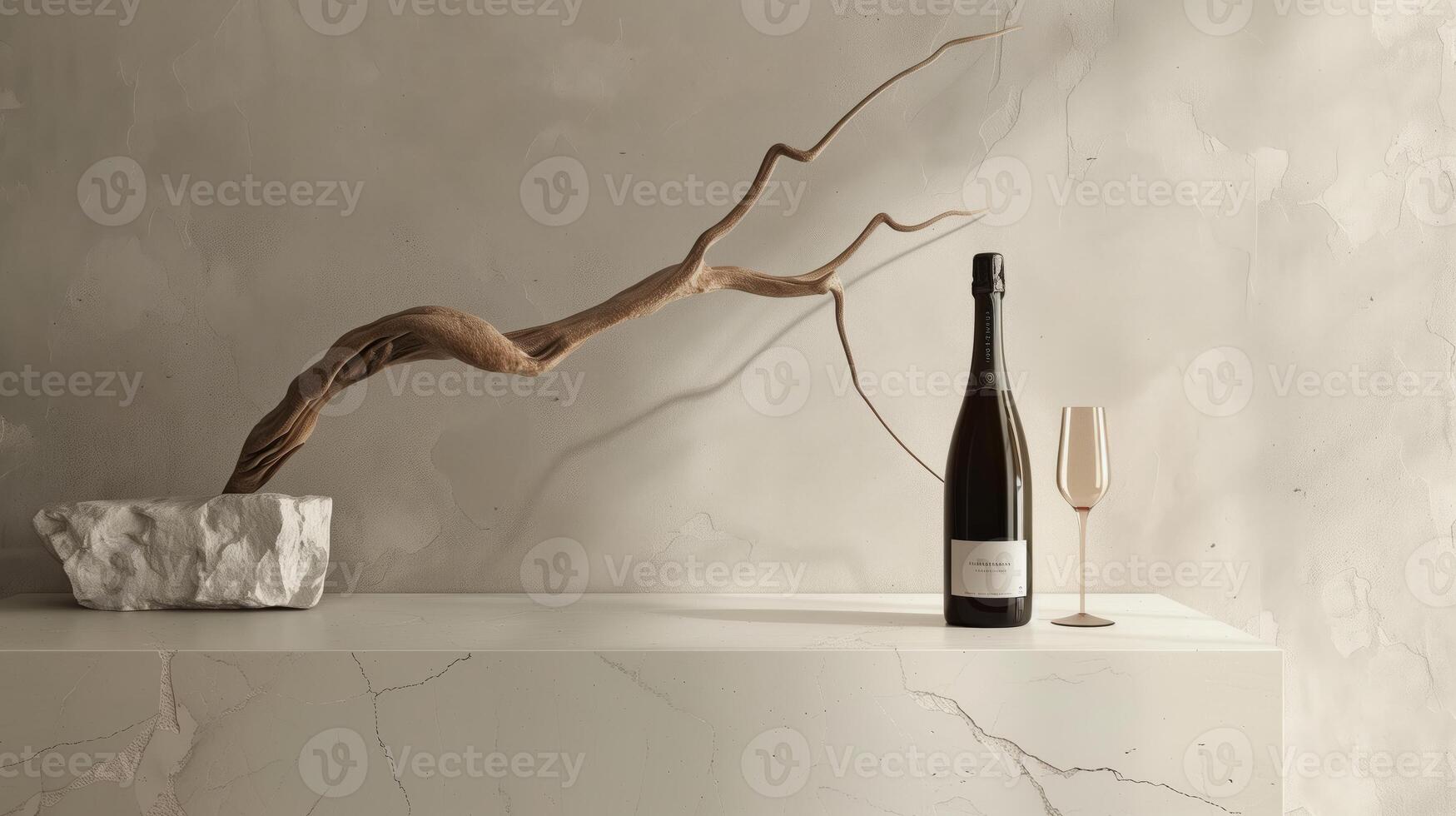 Product photography of a sparkling wine bottle and glass, with a minimalist setting featuring a single driftwood branch as a prop. Generated by artificial intelligence. photo